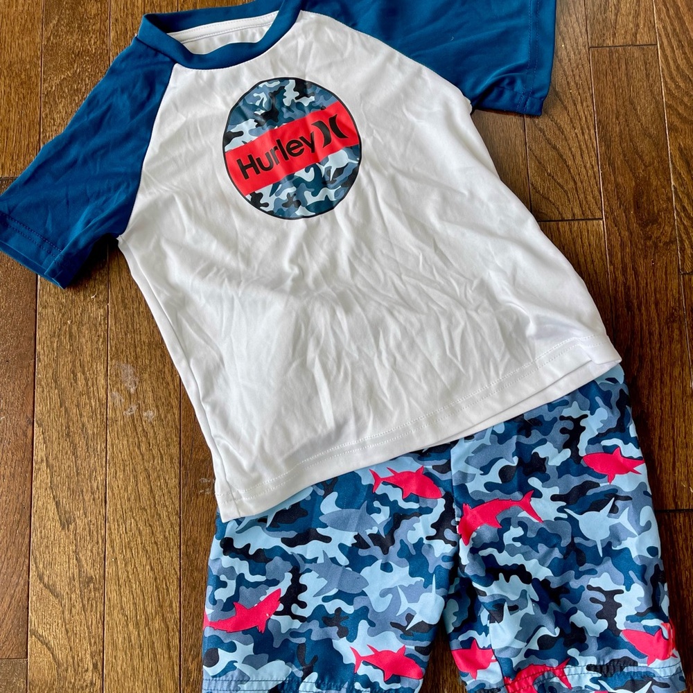 Hurley White and Teal Kids Rash Guard Set